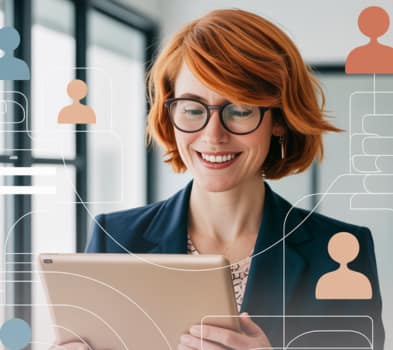 Smiling professional with red hair and glasses uses a tablet, overlaid with connected profile icons for digital networking.