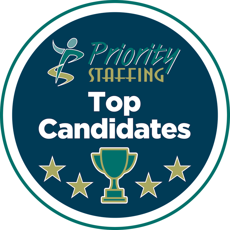Priority Staffing “Top Candidates” badge with a trophy icon and five stars on a dark teal circle.