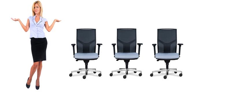 Person shrugs beside three empty office chairs on a white background, suggesting open roles.